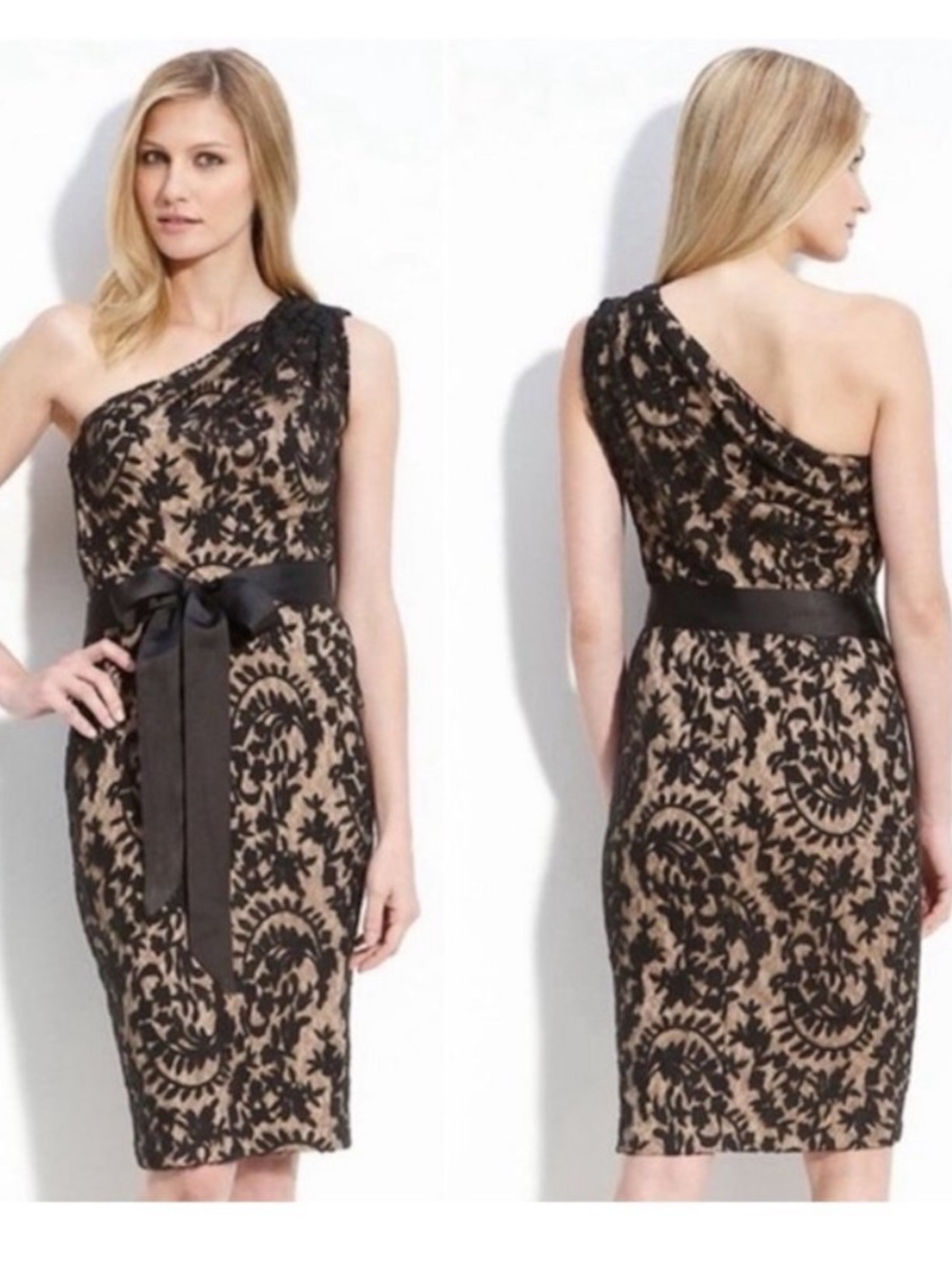 Tadashi Soji Black Lace One Shoulder Dress Tie Waist Size 4